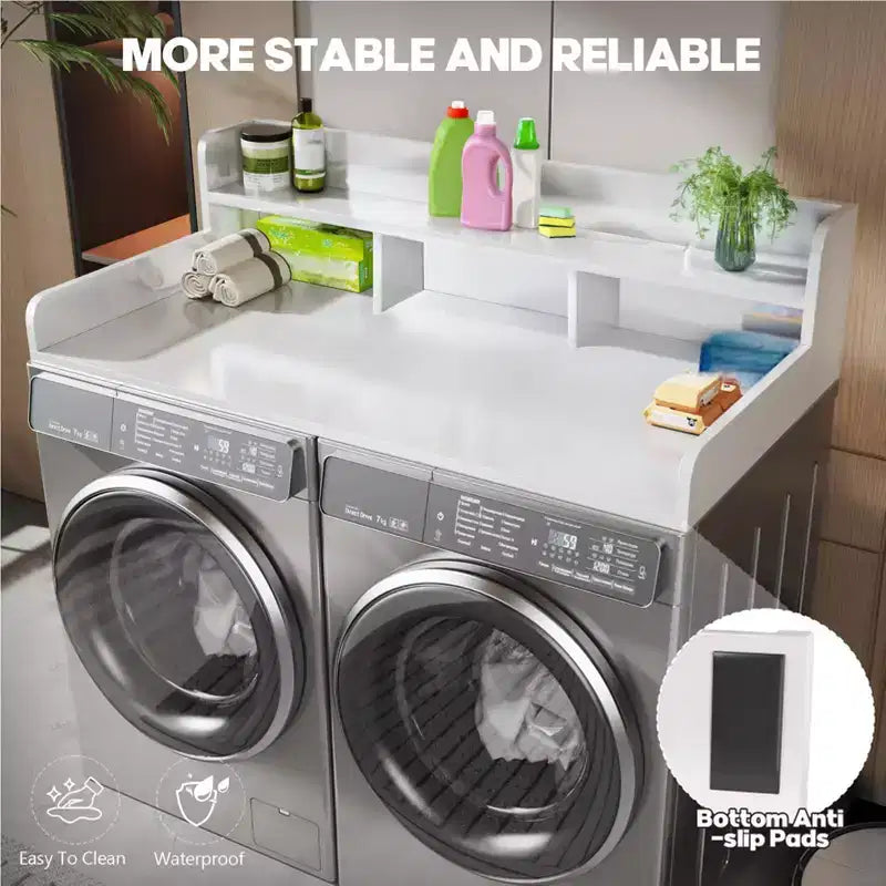 Washer Dryer Countertop, Laundry Countertop Wwith 2-Tier Storage Shelf & Edge Rails, Laundry Over Washing Top Protector for Washer and Dryer