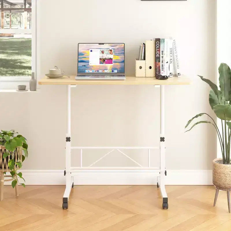 VECELO Small Standing Desk Adjustable Height, Mobile Computer Workstations with Wheels, Portable Rolling Laptop Table for Office