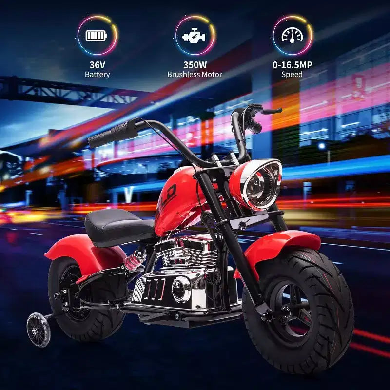 Youth Electric Motorcycle, 36V 350W Brushless Off-Road with 16.5mph, Music Player, Spring Suspension, LED Lights and Leather Seat
