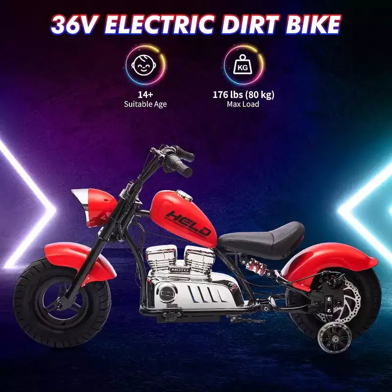 Youth Electric Motorcycle, 36V 350W Brushless Off-Road with 16.5mph, Music Player, Spring Suspension, LED Lights and Leather Seat