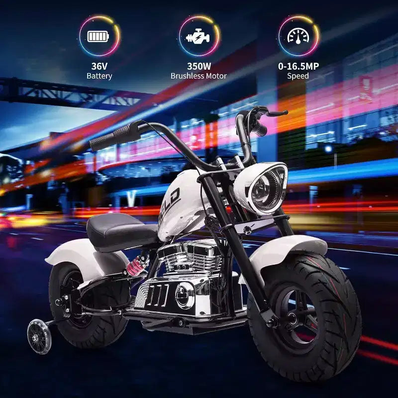 Youth Electric Motorcycle, 36V 350W Brushless Off-Road with 16.5mph, Music Player, Spring Suspension, LED Lights and Leather Seat