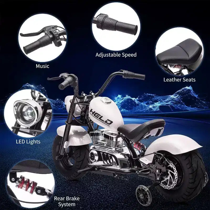 Youth Electric Motorcycle, 36V 350W Brushless Off-Road with 16.5mph, Music Player, Spring Suspension, LED Lights and Leather Seat