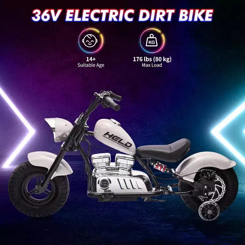 Youth Electric Motorcycle, 36V 350W Brushless Off-Road with 16.5mph, Music Player, Spring Suspension, LED Lights and Leather Seat