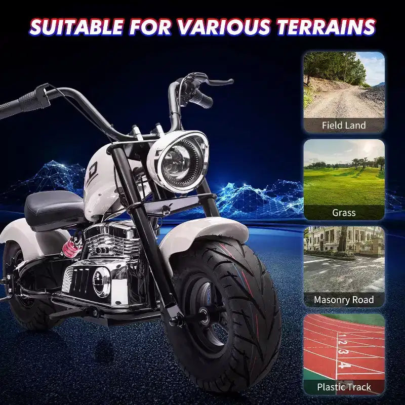 Youth Electric Motorcycle, 36V 350W Brushless Off-Road with 16.5mph, Music Player, Spring Suspension, LED Lights and Leather Seat