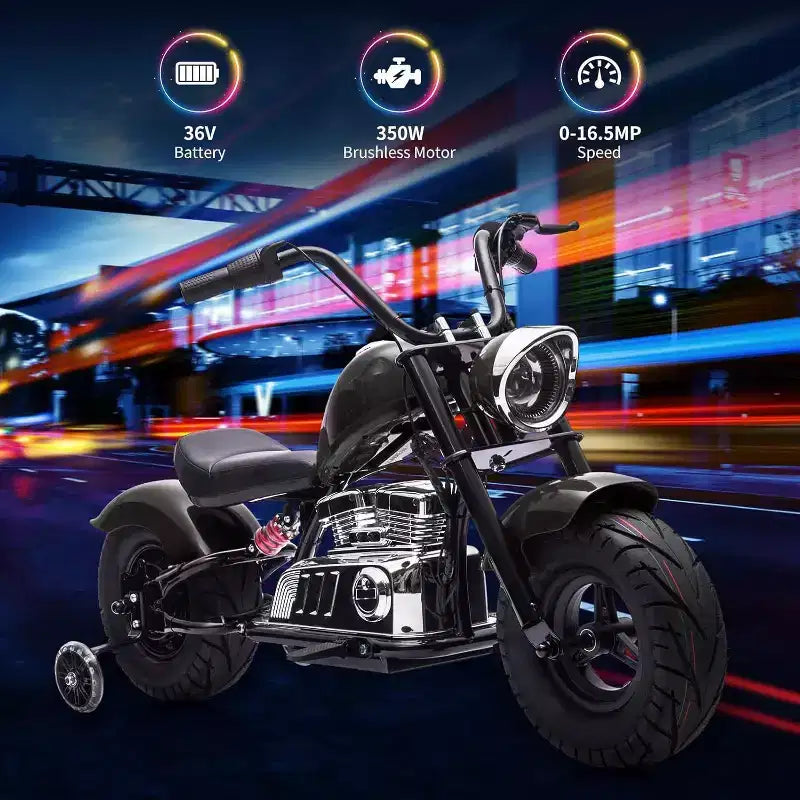 Youth Electric Motorcycle, 36V 350W Brushless Off-Road with 16.5mph, Music Player, Spring Suspension, LED Lights and Leather Seat