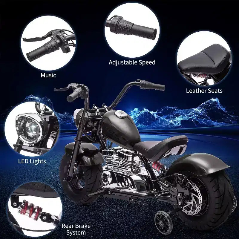 Youth Electric Motorcycle, 36V 350W Brushless Off-Road with 16.5mph, Music Player, Spring Suspension, LED Lights and Leather Seat
