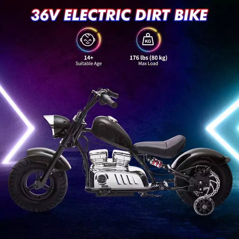Youth Electric Motorcycle, 36V 350W Brushless Off-Road with 16.5mph, Music Player, Spring Suspension, LED Lights and Leather Seat