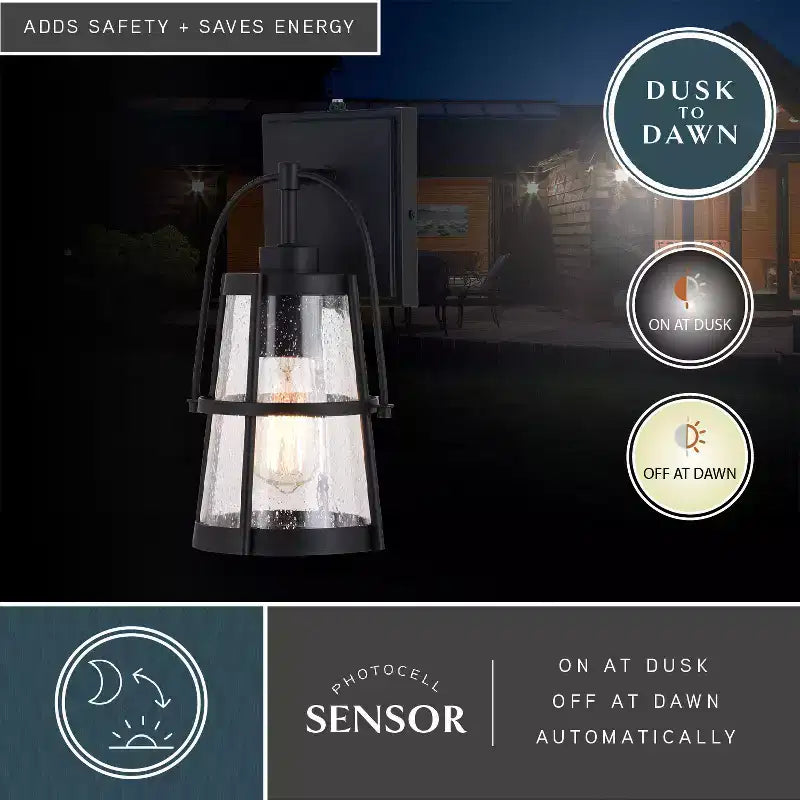 VAXCEL Portage Park 1 Light Black Dusk to Dawn Outdoor Wall Lantern Clear Glass