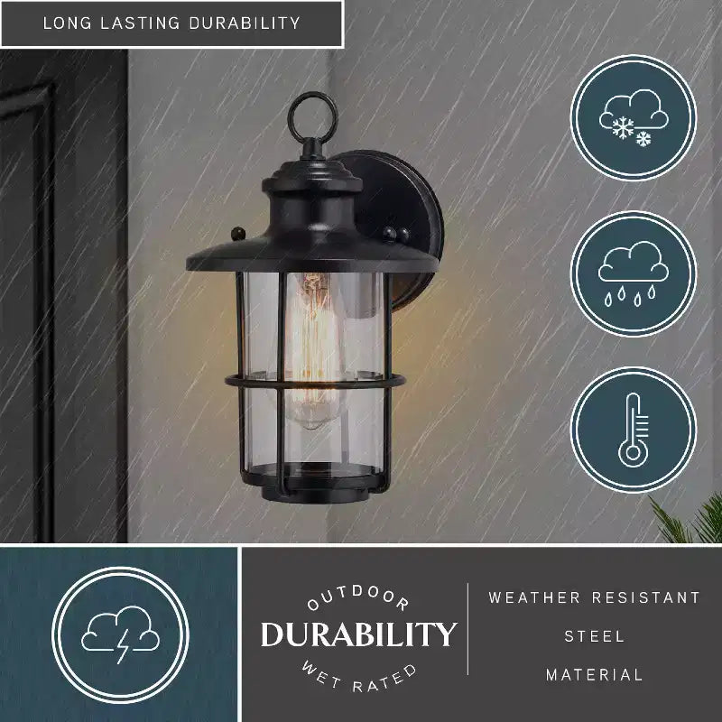 VAXCEL Lake Shore Steel 1 Light LED Compatible Black Coastal Outdoor Wall Lantern Clear Glass