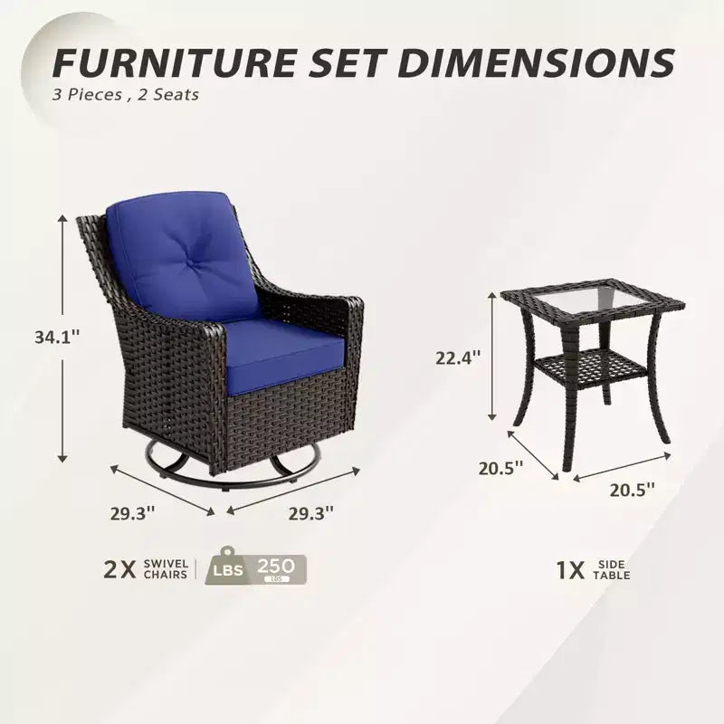 EAGLE PEAK Azure Bay 3 Piece Outdoor Wicker Bistro Set, Patio Swivel Rocking Chairs with Side Table