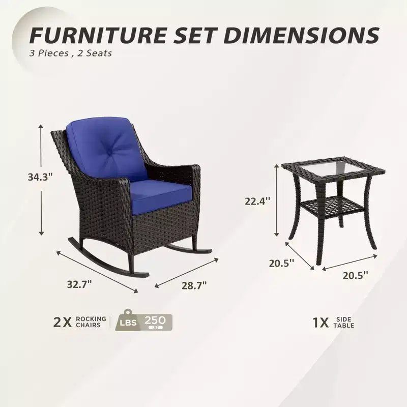 EAGLE PEAK Azure Bay 3 Piece Outdoor Wicker Bistro Set, Patio Rocking Chairs with Side Table