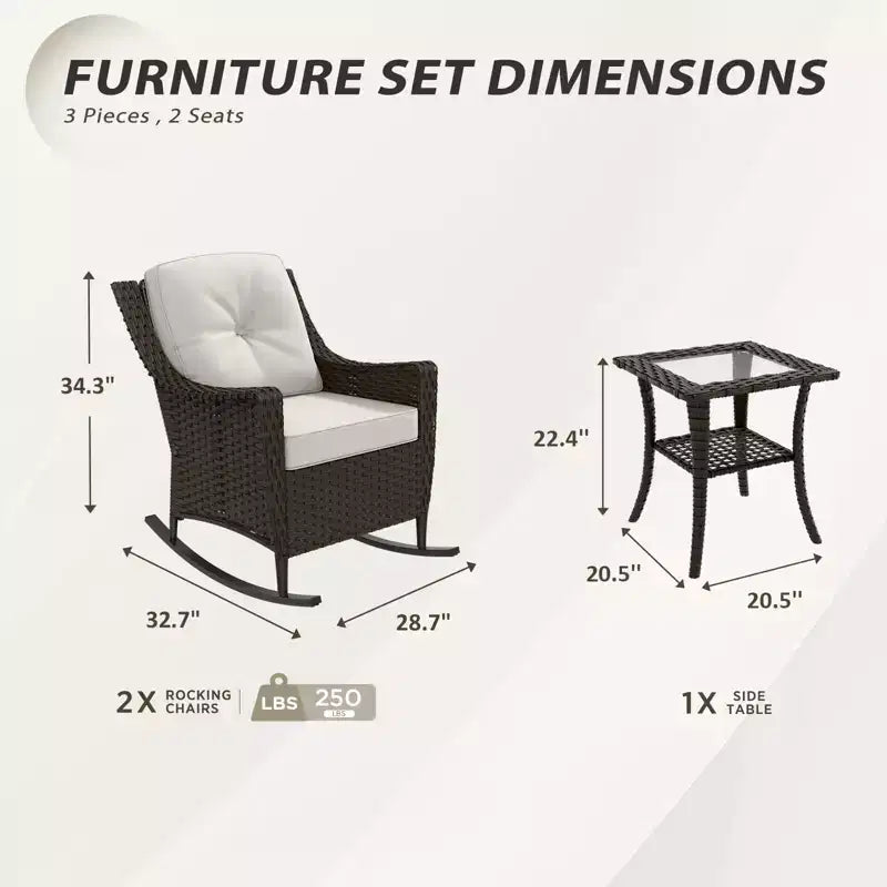 EAGLE PEAK Azure Bay 3 Piece Outdoor Wicker Bistro Set, Patio Rocking Chairs with Side Table