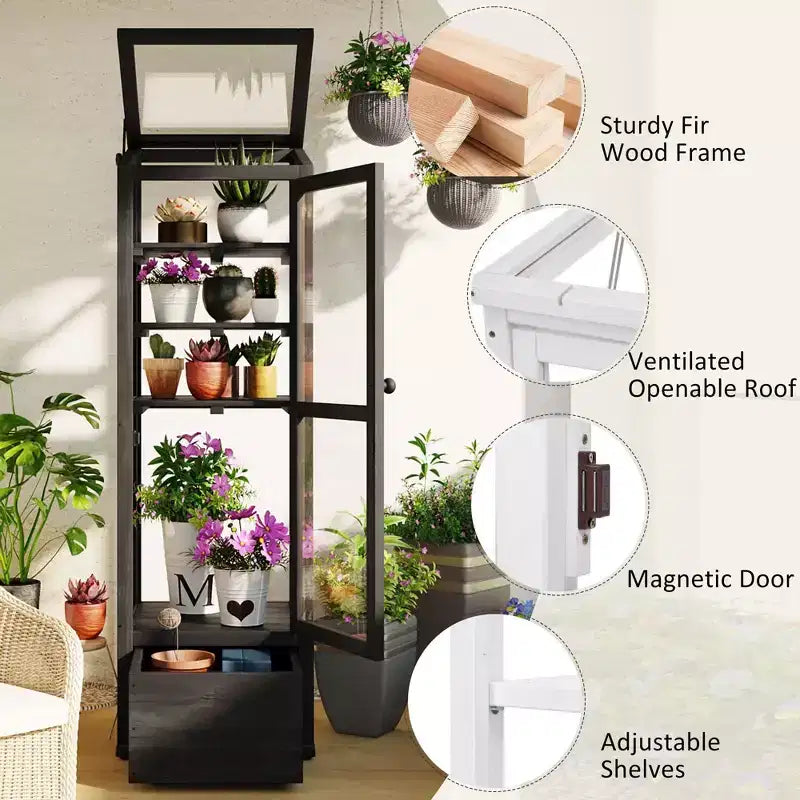 Wood Garden Greenhouse with Portable Cold Frame, Movable Storage & Adjustable Shelves, Indoor/Outdoor Use