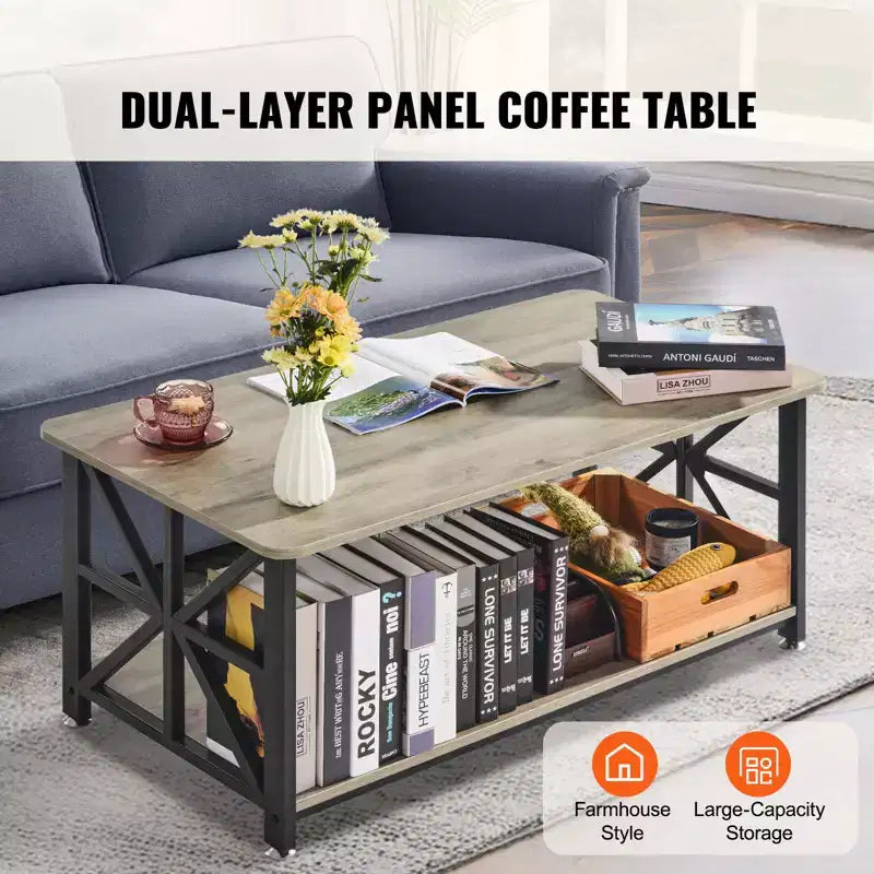VEVOR 40 Farmhouse Coffee Table, Rectangle Coffee Table with Open Storage Compartment, Wooden Rustic Cocktail Table, Brown & Black