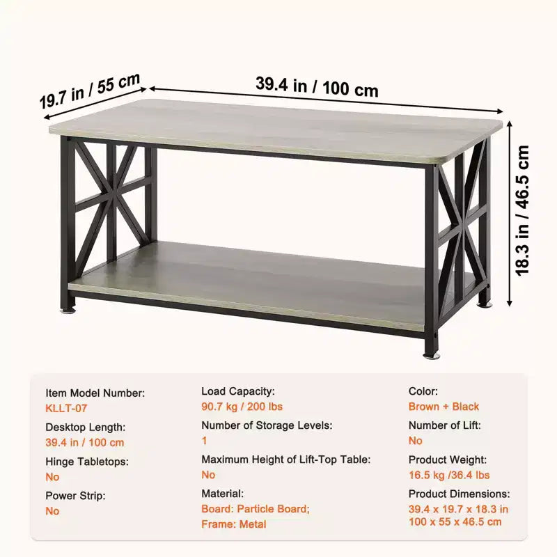VEVOR 40 Farmhouse Coffee Table, Rectangle Coffee Table with Open Storage Compartment, Wooden Rustic Cocktail Table, Brown & Black