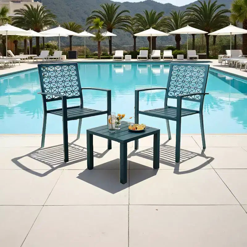 3-Piece Stackable Bistro Set, Modern Metal Patio Furniture with Square Table & Chairs for Indoor & Outdoor, Ideal for Backyard, Balcony and Poolside