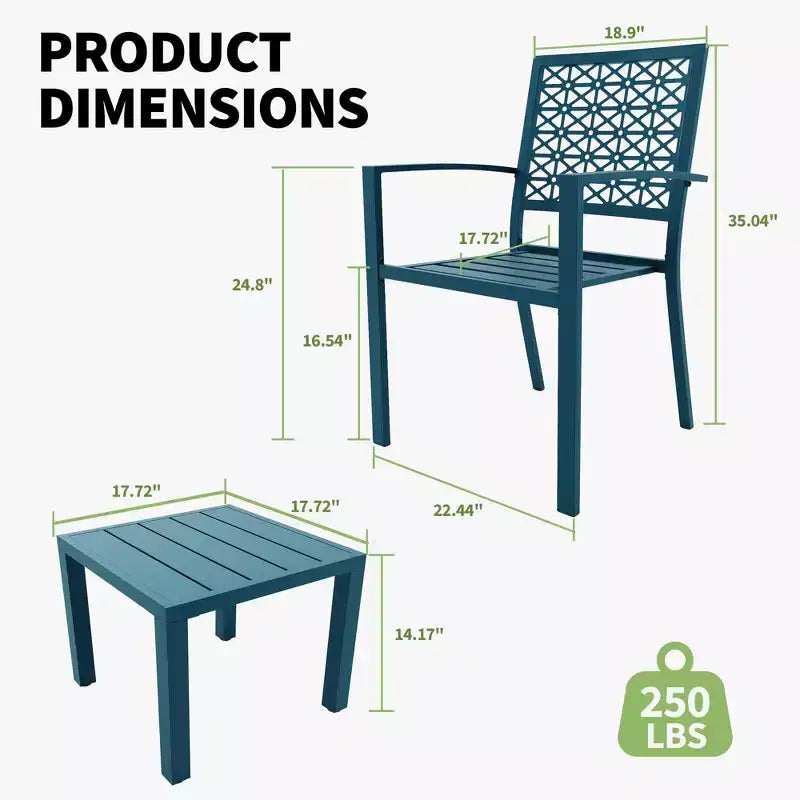 3-Piece Stackable Bistro Set, Modern Metal Patio Furniture with Square Table & Chairs for Indoor & Outdoor, Ideal for Backyard, Balcony and Poolside