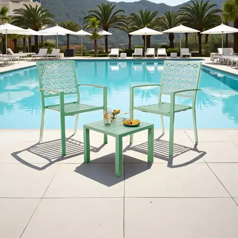 3-Piece Stackable Bistro Set, Modern Metal Patio Furniture with Square Table & Chairs for Indoor & Outdoor, Ideal for Backyard, Balcony and Poolside