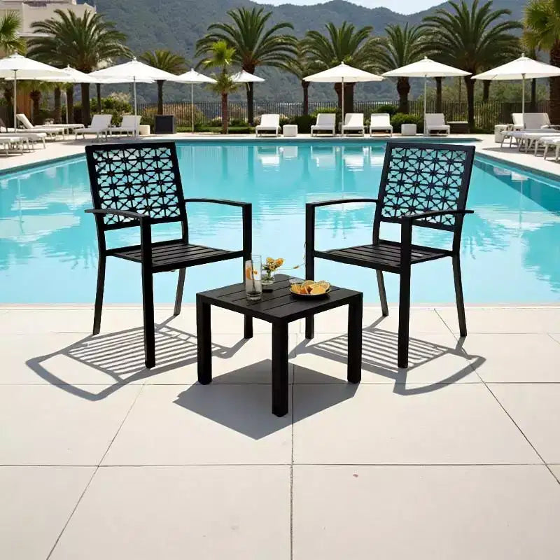 3-Piece Stackable Bistro Set, Modern Metal Patio Furniture with Square Table & Chairs for Indoor & Outdoor, Ideal for Backyard, Balcony and Poolside