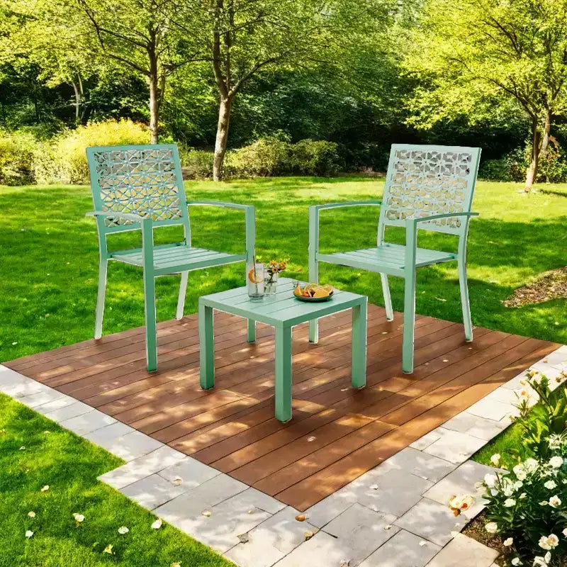 3-Piece Stackable Bistro Set, Modern Metal Patio Furniture with Square Table & Chairs for Indoor & Outdoor, Ideal for Backyard, Balcony and Poolside