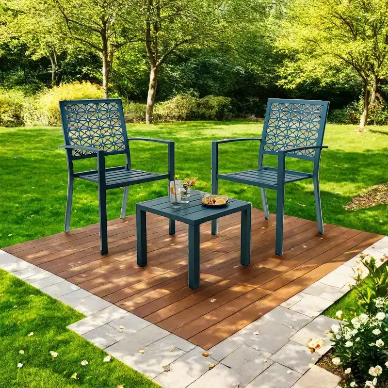 3-Piece Stackable Bistro Set, Modern Metal Patio Furniture with Square Table & Chairs for Indoor & Outdoor, Ideal for Backyard, Balcony and Poolside