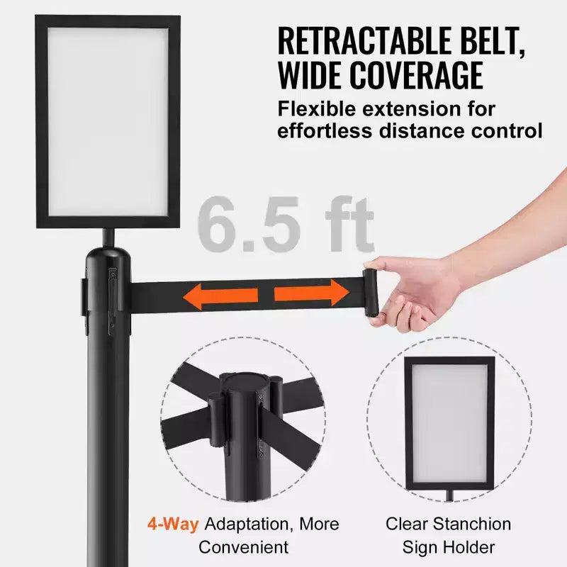 VEVOR Crowd Control Stanchions, 6-Pack Crowd Control Barriers, Carbon Steel Baking Painted Stanchion Queue Post with Sign Holder,Black