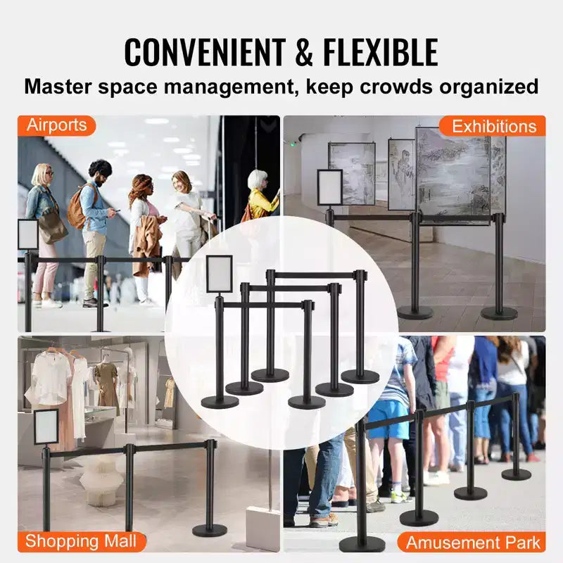 VEVOR Crowd Control Stanchions, 6-Pack Crowd Control Barriers, Carbon Steel Baking Painted Stanchion Queue Post with Sign Holder,Black