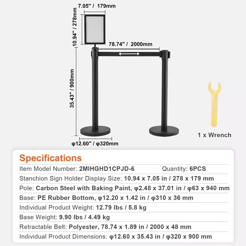 VEVOR Crowd Control Stanchions, 6-Pack Crowd Control Barriers, Carbon Steel Baking Painted Stanchion Queue Post with Sign Holder,Black