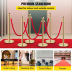 VEVOR 6-Piece Silver Crowd Management Set, Stainless Posts with Red Retractable Rope, 38In Height, Suitable for Indoor & Outdoor,Gold