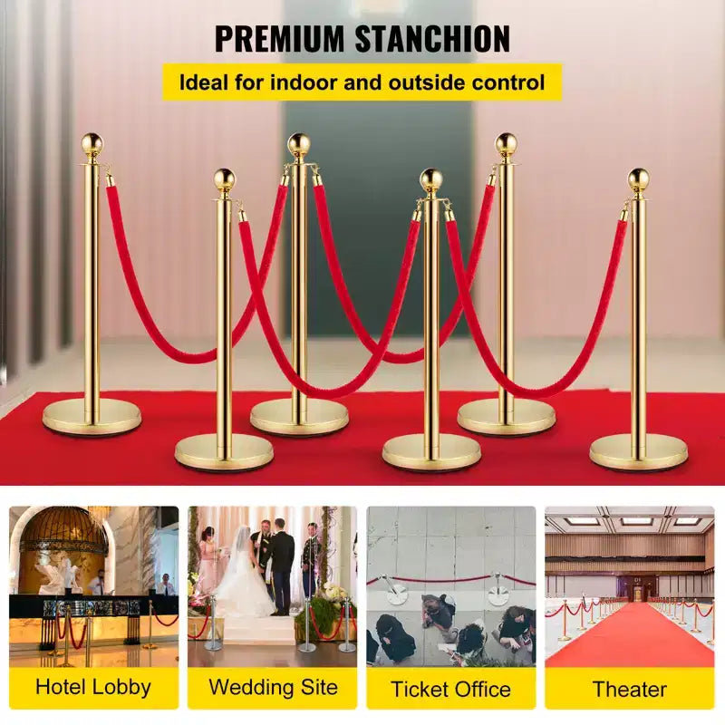 VEVOR 6-Piece Silver Crowd Management Set, Stainless Posts with Red Retractable Rope, 38In Height, Suitable for Indoor & Outdoor,Gold