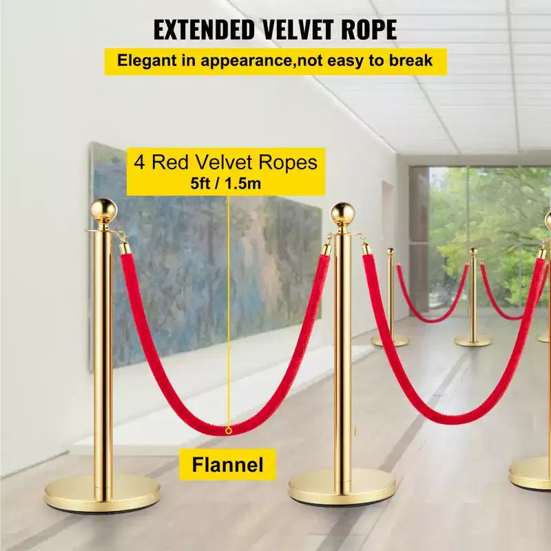VEVOR 6-Piece Silver Crowd Management Set, Stainless Posts with Red Retractable Rope, 38In Height, Suitable for Indoor & Outdoor,Gold