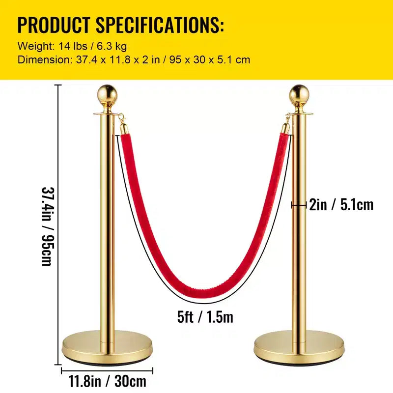 VEVOR 6-Piece Silver Crowd Management Set, Stainless Posts with Red Retractable Rope, 38In Height, Suitable for Indoor & Outdoor,Gold