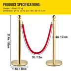 VEVOR 6-Piece Silver Crowd Management Set, Stainless Posts with Red Retractable Rope, 38In Height, Suitable for Indoor & Outdoor,Gold