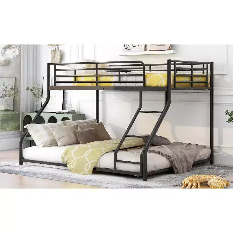 Okak Twin XL over Queen Metal Floor Bunk Bed Low Loft Bunk Bed with Ladder & Safety Guardrail for Kids Teens, Easy Assemble, Black