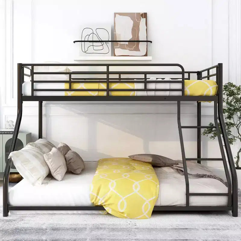 Okak Twin XL over Queen Metal Floor Bunk Bed Low Loft Bunk Bed with Ladder & Safety Guardrail for Kids Teens, Easy Assemble, Black