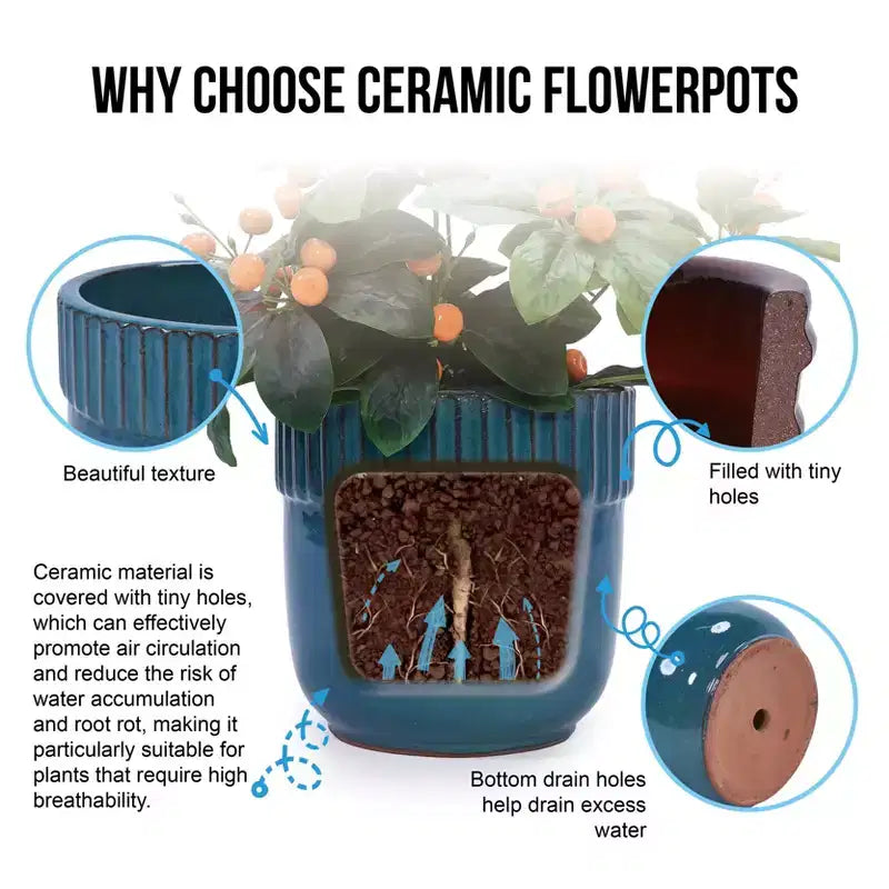 MAYEERTY 3-Piece Ceramic Flowerpot Modern Indoor Outdoor Planter Antique Blue for Garden Patio