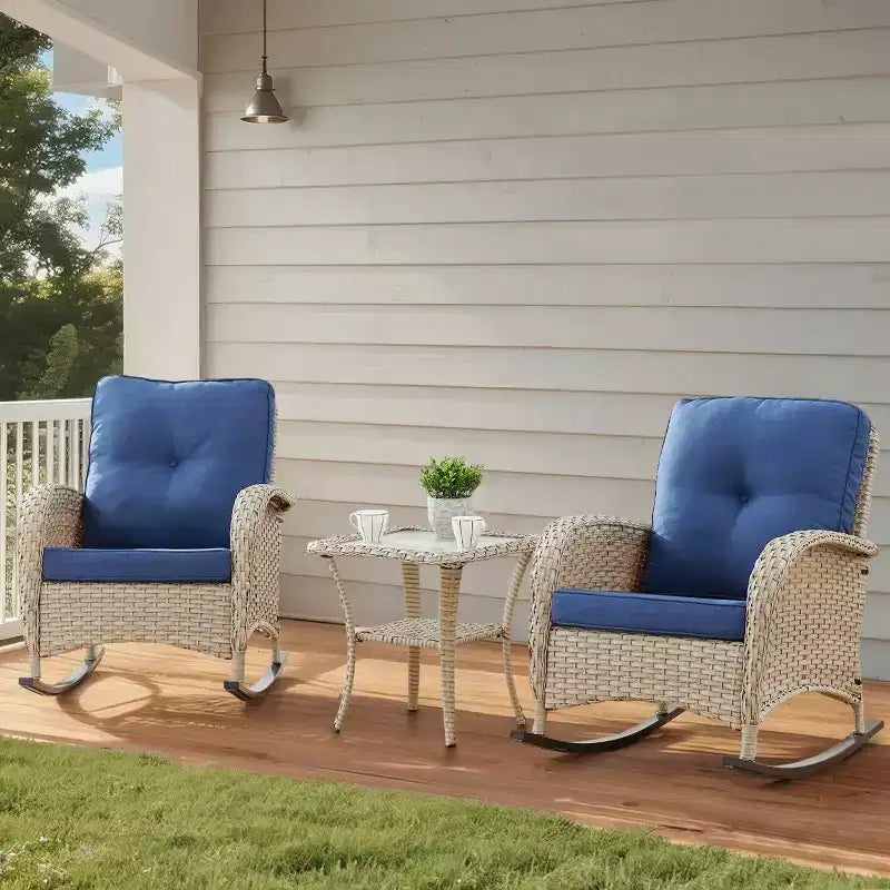 Bestier Wicker Patio Rocking Chairs Set - 3 Pieces Porch Bistro Set with High Back Outdoor Rocker Chairs with Side Table for Deck Balcony