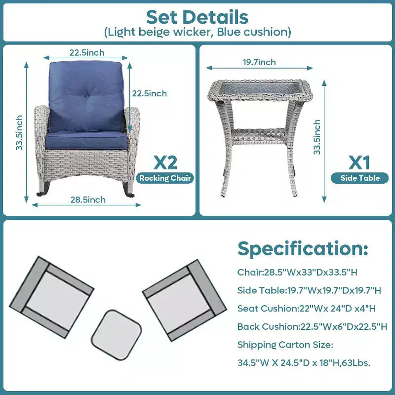 Bestier Wicker Patio Rocking Chairs Set - 3 Pieces Porch Bistro Set with High Back Outdoor Rocker Chairs with Side Table for Deck Balcony