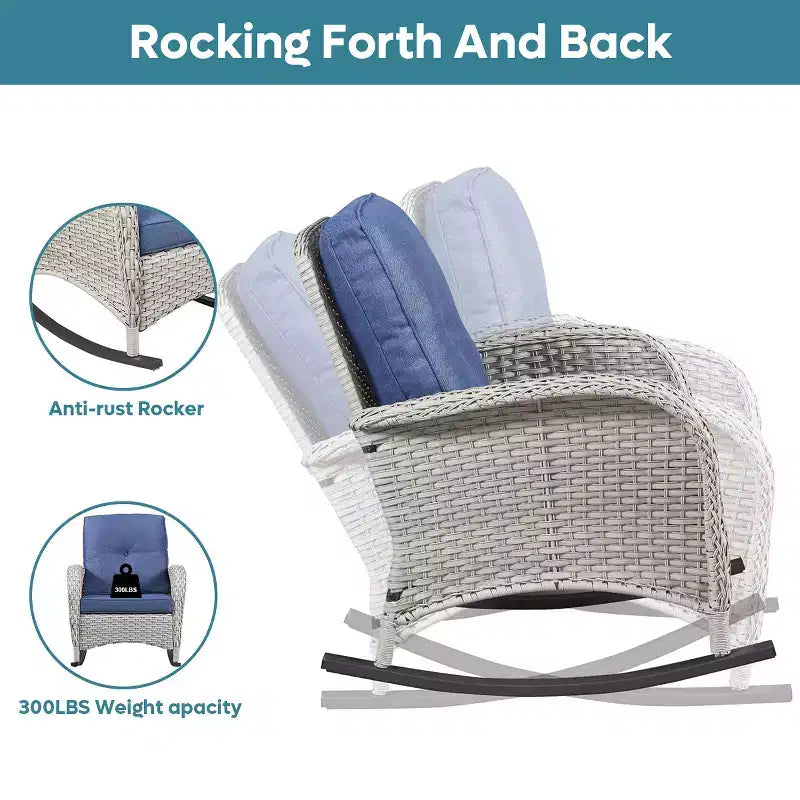 Bestier Wicker Patio Rocking Chairs Set - 3 Pieces Porch Bistro Set with High Back Outdoor Rocker Chairs with Side Table for Deck Balcony