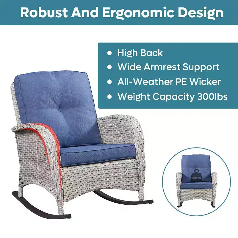 Bestier Wicker Patio Rocking Chairs Set - 3 Pieces Porch Bistro Set with High Back Outdoor Rocker Chairs with Side Table for Deck Balcony