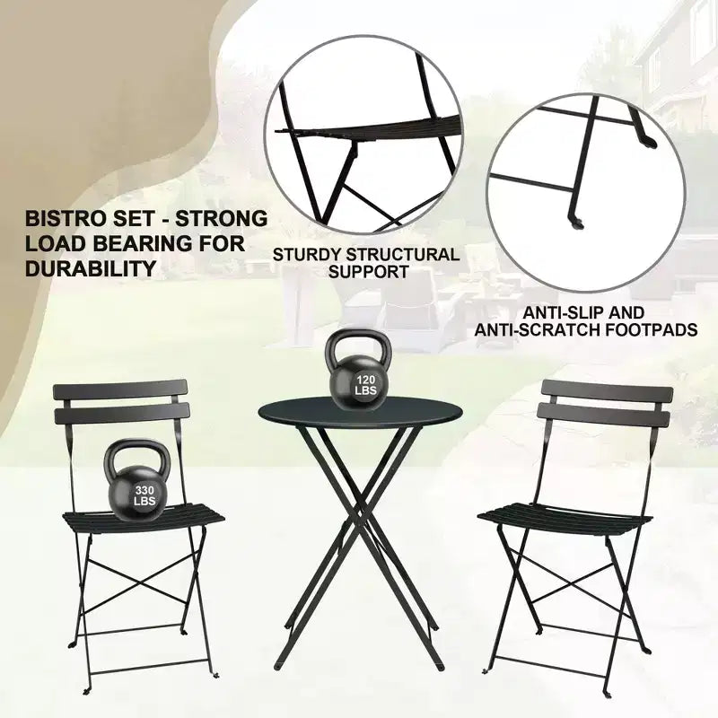 3-Piece Folding Bistro Set, Foldable Patio Table & 2 Chairs with Premium Frame for Outdoor Garden, Balcony, and Patio