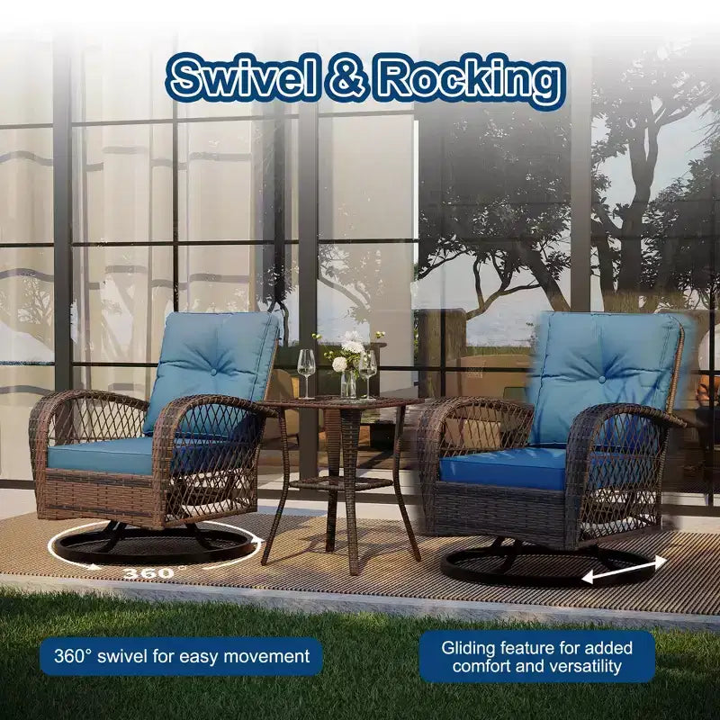 3 Pieces Outdoor Swivel Patio Rocking Chairs, Wicker Patio Bistro Furniture Set with Thickened Cushions and Tempered Glass Top Side Table for Porch