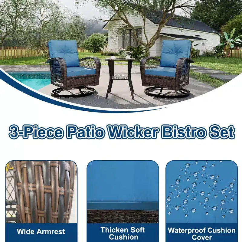 3 Pieces Outdoor Swivel Patio Rocking Chairs, Wicker Patio Bistro Furniture Set with Thickened Cushions and Tempered Glass Top Side Table for Porch