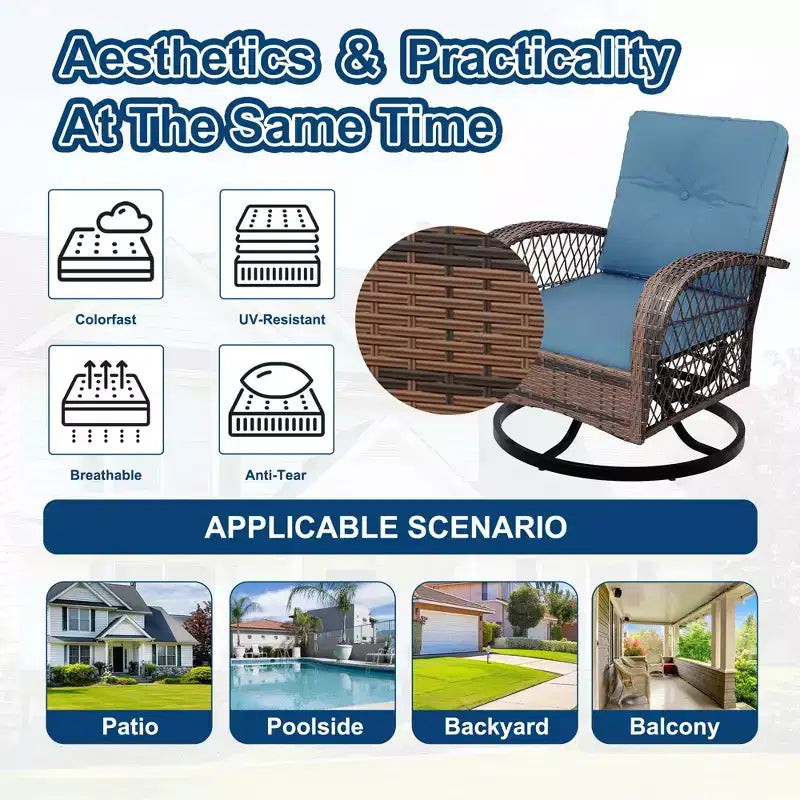 3 Pieces Outdoor Swivel Patio Rocking Chairs, Wicker Patio Bistro Furniture Set with Thickened Cushions and Tempered Glass Top Side Table for Porch