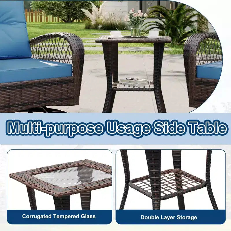 3 Pieces Outdoor Swivel Patio Rocking Chairs, Wicker Patio Bistro Furniture Set with Thickened Cushions and Tempered Glass Top Side Table for Porch