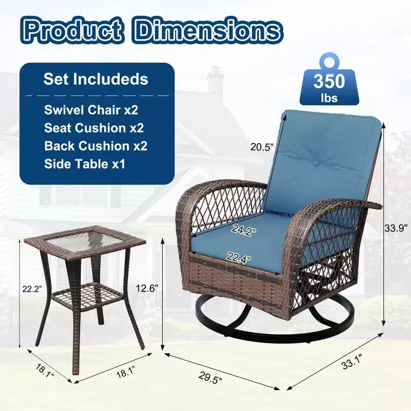 3 Pieces Outdoor Swivel Patio Rocking Chairs, Wicker Patio Bistro Furniture Set with Thickened Cushions and Tempered Glass Top Side Table for Porch