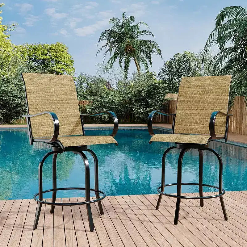2 Pieces Textile Fabric Outdoor High Top Bar Set, 2 Patio Swivel Chairs, High Stool Bistro Set for Poolside, Backyard
