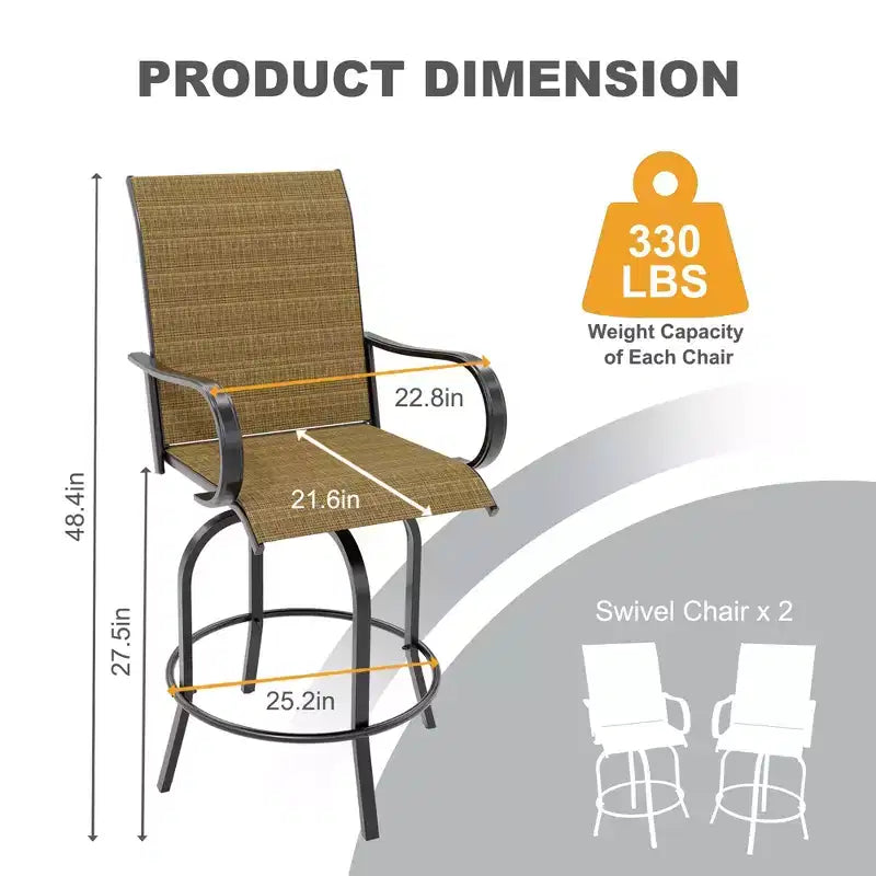 2 Pieces Textile Fabric Outdoor High Top Bar Set, 2 Patio Swivel Chairs, High Stool Bistro Set for Poolside, Backyard