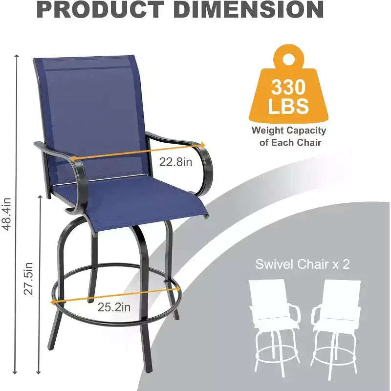 2 Pieces Textile Fabric Outdoor High Top Bar Set, 2 Patio Swivel Chairs, High Stool Bistro Set for Poolside, Backyard