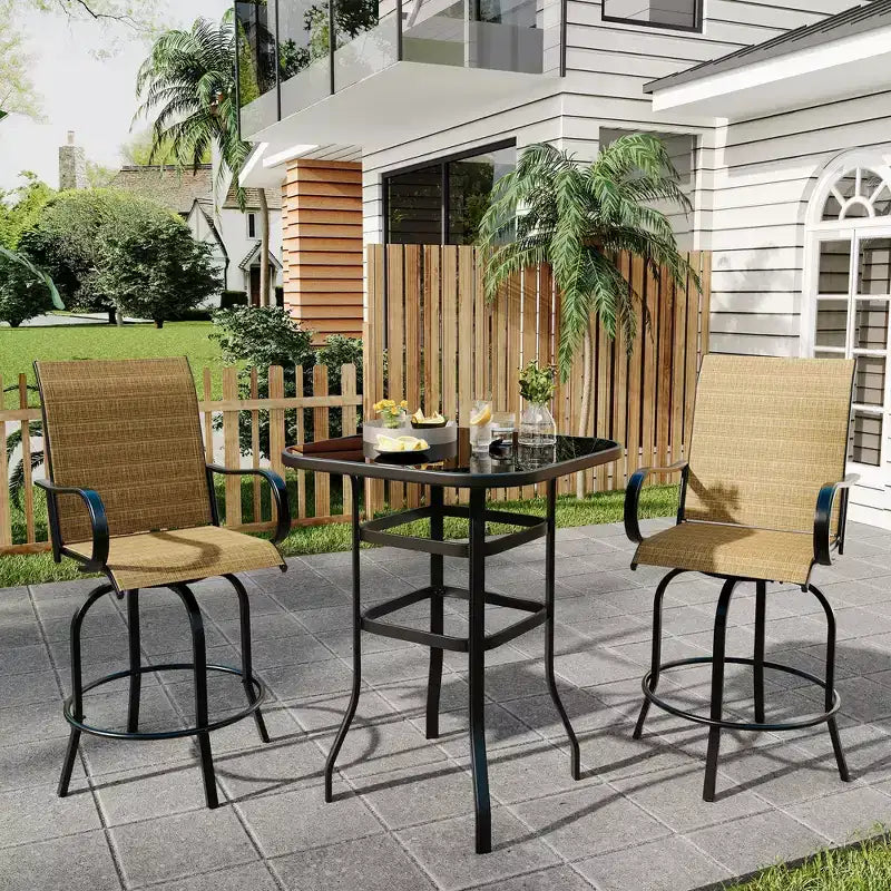 2 Pieces Textile Fabric Outdoor High Top Bar Set, 2 Patio Swivel Chairs, High Stool Bistro Set for Poolside, Backyard